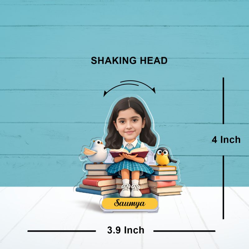 Personalized Bookworm Girl Bobblehead Caricature with Battery Powered Moving Head Feature Unique Gift for Students, Book Lovers, and Readers Study Room Table Decor